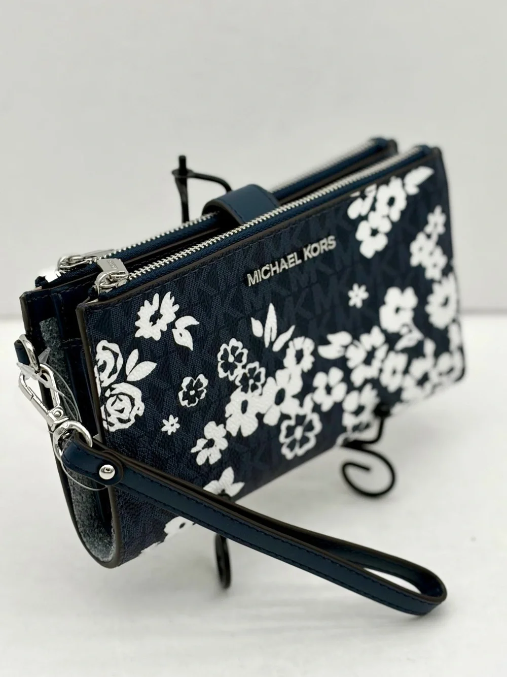 Michael Kors Navy Blue Floral Logo Wristlet Clutch